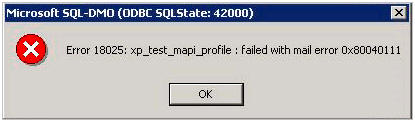 Error 1805 xp_test_mapi_profile failed with mail error 0x80040111